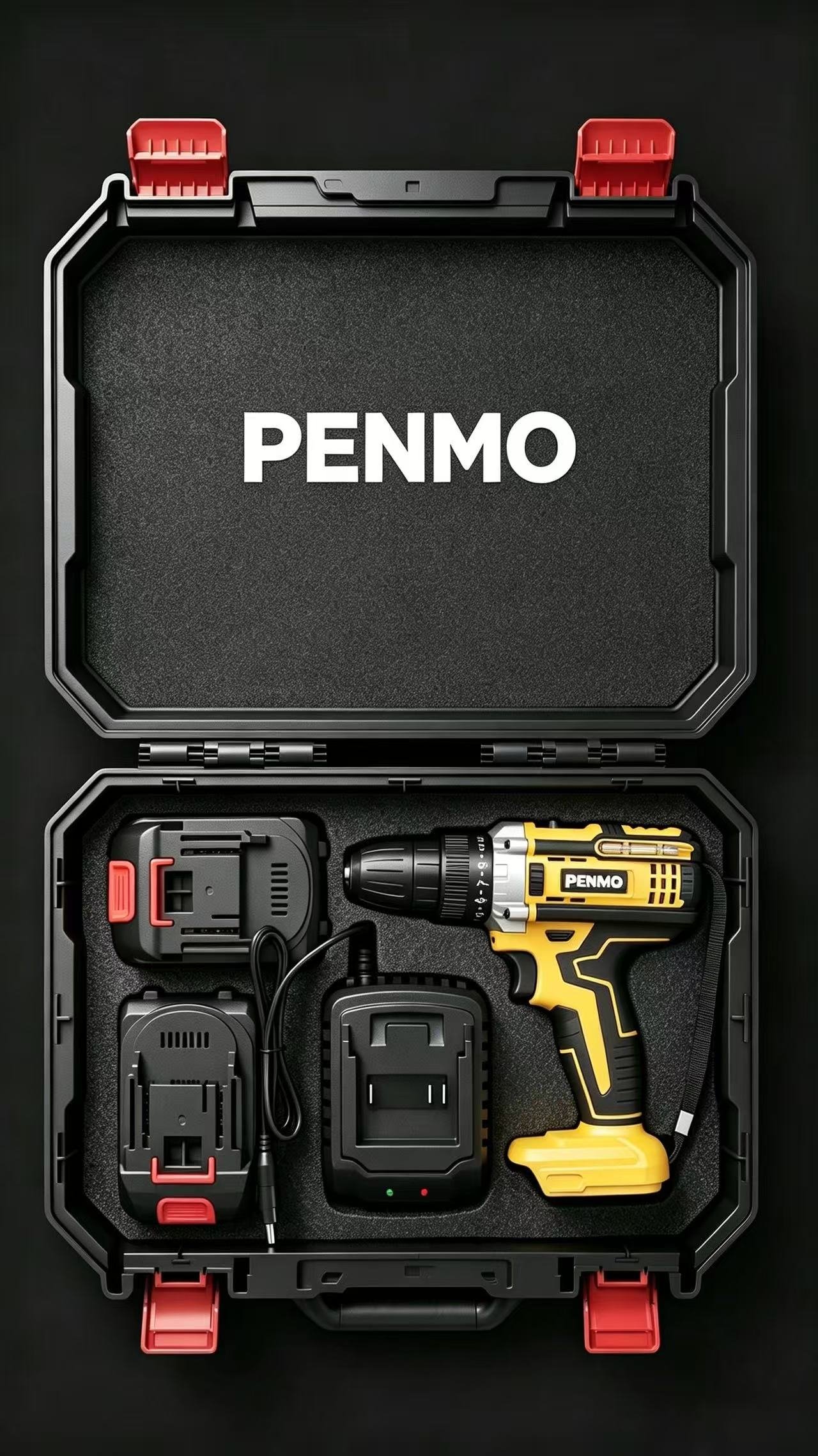 Illustrative drill kit with carry case, batteries and charger