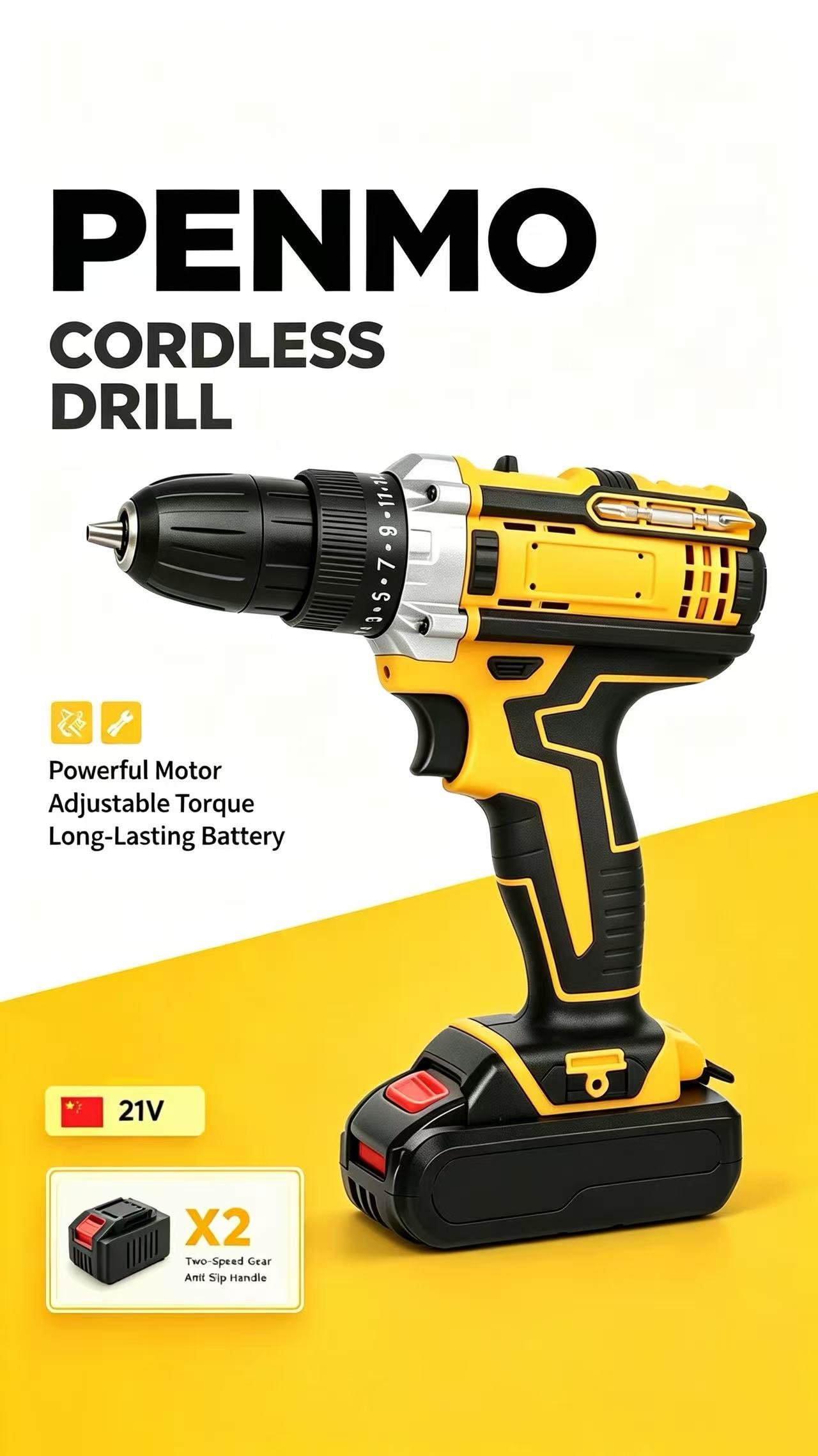 Yellow and black cordless drill